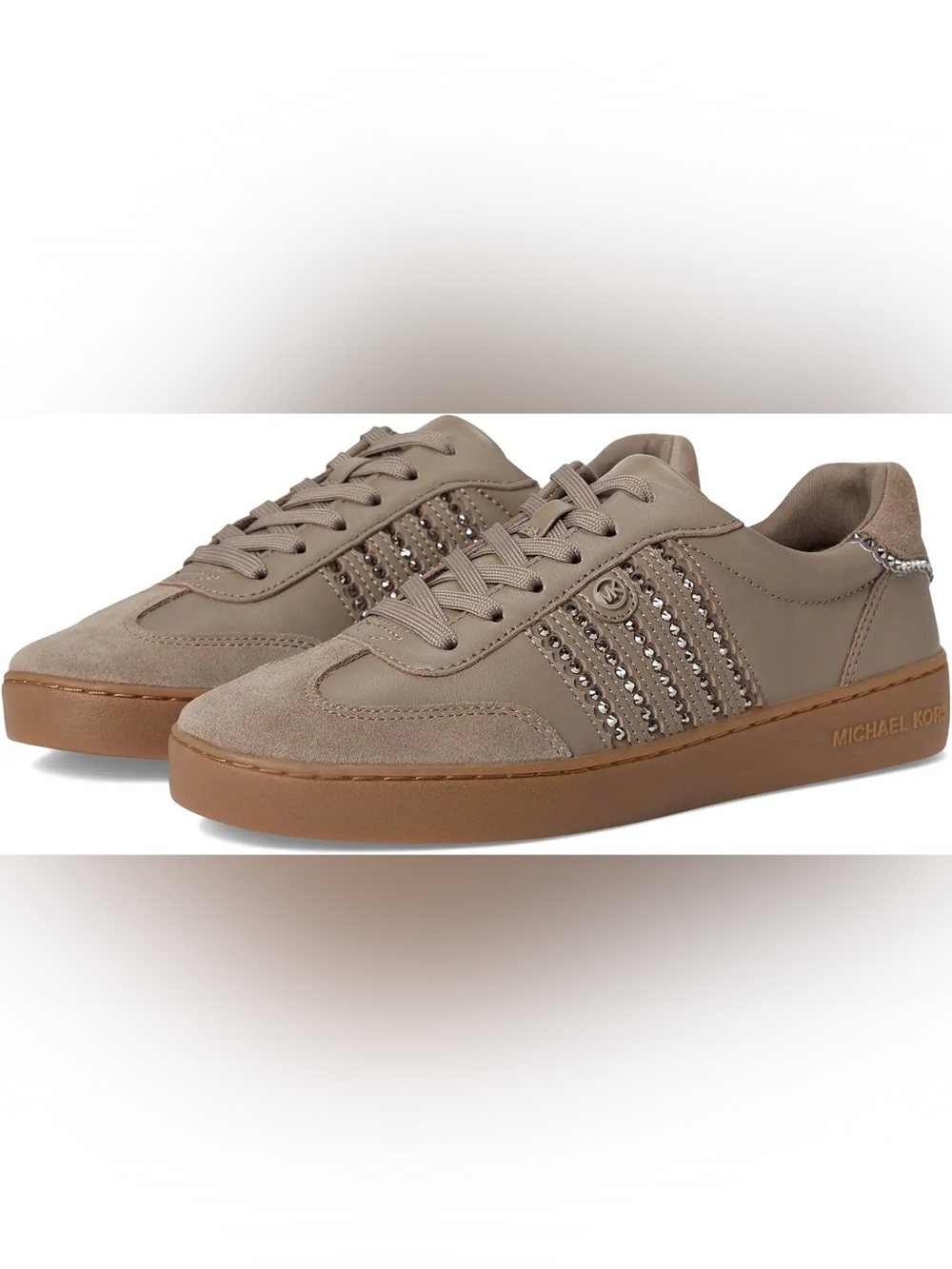 Michael Kors (9.5) Scotty Lace Up Taupe Rhinestone-Striped Low-Top Sneakers
